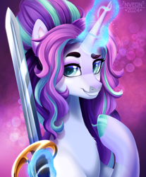 Size: 2110x2550 | Tagged: safe, artist:nveon, oc, oc only, pony, unicorn, commission, female, glowing, glowing horn, horn, magic, mare, signature, solo, sword, telekinesis, weapon