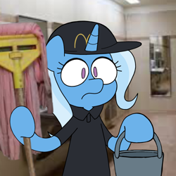 Size: 1378x1378 | Tagged: safe, artist:plumt-t, trixie, pony, unicorn, g4, bucket, clothes, female, fluttermop, hoof hold, horn, mare, mcdonald's, mop, solo, uniform