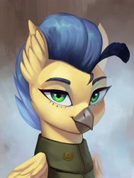 Size: 2824x3729 | Tagged: safe, artist:mrscroup, oc, oc only, oc:lucy duskfeather, hippogriff, equestria at war mod, blue hair, bust, clothes, female, green eyes, military uniform, portrait, solo, uniform