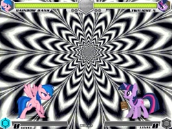 Size: 993x745 | Tagged: safe, artist:tom artista, firefly, rainbow dash, twilight sparkle, unicorn, fighting is magic, g1, g4, bipedal, black and white, book, fan game, flow, flower, game screencap, grayscale, horn, hypnosis, hypnotic, illusion, monochrome, new, palette swap, recolor, spiral, stage, trippy