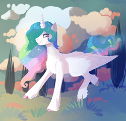 Size: 2300x2200 | Tagged: safe, artist:mylittlegodzilla, princess celestia, alicorn, pony, g4, female, looking at you, mare, running, smiling, smiling at you, solo, unshorn fetlocks, wings