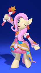 Size: 2160x3840 | Tagged: safe, artist:owlpirate, fluttershy, pegasus, semi-anthro, g4, 3d, 4k, clothes, cute, dress, female, gradient background, high res, hoof hold, looking at you, magic wand, magical girl, mare, one eye closed, open mouth, open smile, shyabetes, skirt, smiling, smiling at you, solo, source filmmaker, wink, winking at you