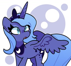 Size: 1466x1369 | Tagged: safe, artist:kindakismet, princess luna, alicorn, pony, g4, bubble, crown, female, jewelry, mare, open mouth, regalia, s1 luna, solo, spread wings, wings