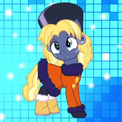 Size: 1500x1500 | Tagged: safe, artist:badumsquish, derpibooru exclusive, star tracker, earth pony, pony, g4, abstract background, alternate hairstyle, alternate tailstyle, boots, buttons, clothes, coat, crossdressing, crossplay, ear piercing, earring, freckles, fur coat, gloves, hat, jewelry, kalinka cossack, long hair, male, mega man, mega man (series), megaman 4, piercing, pose, shoes, show accurate, skirt, smiling, solo, stallion, starcrossed, tail, ushanka, winter boots