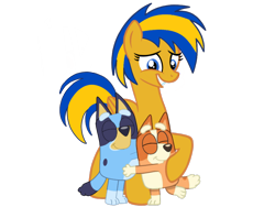 Size: 2048x1536 | Tagged: safe, artist:mlpfan3991, artist:ry-bluepony1, artist:shieldwingarmorofgod, oc, oc:flare spark, dog, pegasus, pony, g4, bingo heeler, bluey, bluey heeler, female, pegasus oc, simple background, transparent background