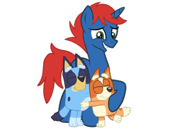 Size: 2048x1536 | Tagged: safe, artist:ry-bluepony1, artist:shieldwingarmorofgod, oc, oc:train track, dog, pony, unicorn, g4, bingo heeler, bluey, bluey heeler, female, horn, male, simple background, transparent background, unicorn oc