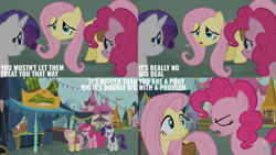 Size: 2000x1125 | Tagged: safe, edit, edited screencap, editor:quoterific, screencap, bon bon, caboose, fluttershy, lyra heartstrings, pinkie pie, rarity, sweetie drops, g4, my little pony: friendship is magic, putting your hoof down, bag, market, ponyville, saddle bag