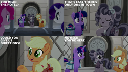 Size: 2000x1125 | Tagged: safe, edit, edited screencap, screencap, applejack, petunia petals, pinkie pie, rarity, twilight sparkle, alicorn, g4, my little pony: rainbow roadtrip, bag, book, hope hollow, saddle bag, twilight sparkle (alicorn)