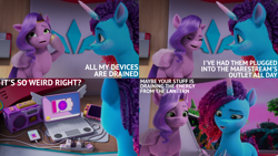 Size: 2000x1125 | Tagged: safe, edit, edited screencap, editor:quoterific, screencap, misty brightdawn, pipp petals, pegasus, pony, unicorn, g5, my little pony: make your mark, my little pony: make your mark chapter 6, the isle of scaly, boombox, caption, computer, duo, duo female, female, horn, laptop computer, mare, marestream, phone, rebirth misty, text