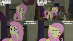 Size: 2000x1125 | Tagged: safe, edit, edited screencap, editor:quoterific, screencap, fluttershy, smoky, smoky jr., softpad, pegasus, pony, raccoon, g4, season 6, the saddle row review, barrel, crying, female, floppy ears, mare, rarity for you, smiling, talking