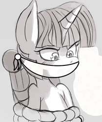 Size: 600x719 | Tagged: safe, edit, twilight sparkle, pony, unicorn, g4, cloth gag, female, gag, horn, human shoulders, mare, monochrome, twilight sparkle is not amused, unamused