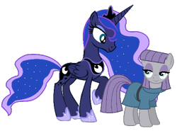 Size: 487x360 | Tagged: safe, edit, vector edit, maud pie, princess luna, alicorn, earth pony, g4, crack shipping, duo, duo female, female, flowing mane, lesbian, lunamaud, mare, raised hoof, shipping, simple background, smiling, transparent background, vector