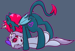 Size: 1280x866 | Tagged: safe, artist:askhypnoswirl, oc, oc only, oc:swirly daze, demon, demon pony, succubus, unicorn, blushing, bow, butt, commission, fangs, hair bow, horn, hypno eyes, hypnosis, hypnotized, mind control, open mouth, pinned down, plot, tongue out, unicorn oc