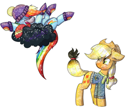 Size: 2645x2267 | Tagged: safe, artist:spaceponyarts, applejack, rainbow dash, earth pony, pegasus, pony, g4, applejack is not amused, clothes, cloud, dark clouds, duo, duo female, eye clipping through hair, female, floppy ears, hat, high res, hoof gloves, laughing, on a cloud, scarf, scorched, simple background, sweater, unamused, white background, winter hat