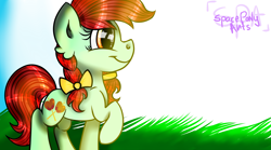 Size: 3285x1825 | Tagged: safe, artist:spaceponyarts, candy apples, earth pony, pony, g4, apple family member, bow, hair bow, high res, outdoors, pigtails, raised hoof, solo