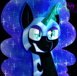 Size: 5022x5000 | Tagged: safe, artist:spaceponyarts, nightmare moon, alicorn, pony, g4, absurd resolution, black background, bust, glowing, glowing horn, horn, simple background, solo