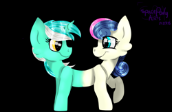 Size: 7170x4688 | Tagged: safe, artist:spaceponyarts, bon bon, lyra heartstrings, sweetie drops, earth pony, pony, unicorn, do princesses dream of magic sheep, g4, absurd resolution, black background, duo, duo female, female, fusion, horn, lesbian, looking at each other, looking at someone, lyrabon (fusion), pushmi-pullyu, ship:lyrabon, shipping, simple background