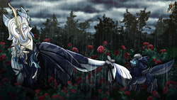 Size: 3840x2160 | Tagged: safe, artist:brainiac, kirin, pony, crossover, duo, flower, genshin impact, macro, male, melusine, neuvillette (genshin impact), outdoors, ponified, rain, rose, stallion