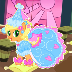 Size: 1600x1600 | Tagged: safe, edit, applejack, earth pony, pony, g4, look before you sleep, bow, clothes, cropped, dress, ear piercing, flower, flower in hair, froufrou glittery lacy outfit, happy, hat, hennin, indoors, jewelry, necklace, piercing, princess, princess applejack, puffy sleeves, smiling