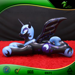 Size: 750x750 | Tagged: safe, nightmare moon, alicorn, inflatable pony, pony, g4, blue eyeshadow, bootleg, carpet, eyeshadow, facing left, female, frame, hongyi, indoors, inflatable, inflatable alicorn, irl, lying down, makeup, mare, opaque inflatable, photo, prone, red carpet, seams, solo, sploot, spread wings, wings