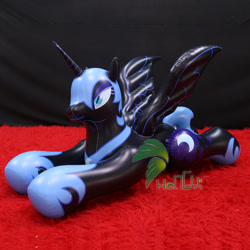 Size: 750x750 | Tagged: safe, nightmare moon, alicorn, inflatable pony, pony, g4, blue eyeshadow, bootleg, carpet, eyeshadow, female, hongyi, indoors, inflatable, inflatable alicorn, irl, lying down, makeup, mare, obtrusive watermark, opaque inflatable, photo, prone, red carpet, seams, solo, sploot, spread wings, watermark, wings