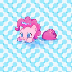 Size: 1430x1428 | Tagged: safe, artist:不可食用骨, pinkie pie, earth pony, pony, blowing bubbles, blushing, bubble, cute, diapinkes, female, mare, modern art, optical illusion, patterned background, smiling, solo, swimming, water bubble