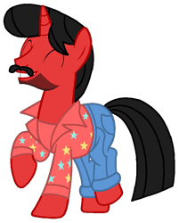 Size: 676x842 | Tagged: safe, artist:mickey1909, oc, oc only, oc:mickey motion, unicorn, clothes, denim, happy, horn, jeans, male, pants, shirt, simple background, solo, t-shirt, transparent background