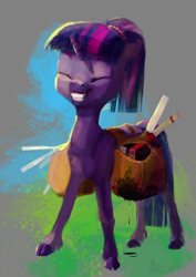 Size: 2188x3095 | Tagged: safe, artist:wolfiedrawie, twilight sparkle, pony, unicorn, g4, abstract background, alternate hairstyle, bag, book, cloven hooves, female, fetlock tuft, grin, horn, mare, ponytail, saddle bag, scroll, smiling, unicorn twilight