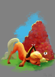 Size: 2480x3508 | Tagged: safe, artist:wolfiedrawie, applejack, earth pony, pony, g4, apple, exhausted, face down ass up, female, food, mare, solo, speech bubble, tired, tongue out, yoke