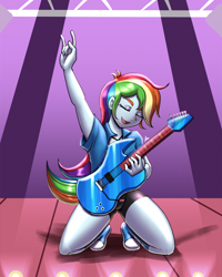 Size: 1600x2000 | Tagged: safe, artist:zachc, rainbow dash, human, rainbow rocks 10th anniversary, equestria girls, g4, my little pony equestria girls: rainbow rocks, commission, electric guitar, eyes closed, female, guitar, kneeling, musical instrument, open mouth, raised arm, solo