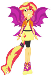 Size: 382x564 | Tagged: safe, artist:note-presto-pony, sunset shimmer, human, equestria girls, g4, alternative outfit, bare shoulders, disguise, disguised siren, fin wings, fins, gem, grin, needs more jpeg, ponied up, simple background, siren gem, sirenified, smiling, solo, species swap, strapless, sunset siren, white background, wings