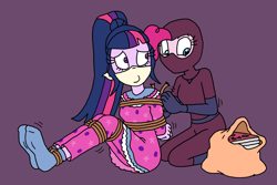 Size: 2500x1667 | Tagged: safe, artist:bugssonicx, pinkie pie, sci-twi, twilight sparkle, equestria girls, g4, bag, bondage, book, bound and gagged, brightly colored ninjas, catsuit, cloth gag, clothes, comic book, daring do collector, feet, female, gag, kunoichi, mask, nightgown, ninja, over the nose gag, pajamas, robbery, rope, rope bondage, socks, stocking feet, tied up, tying