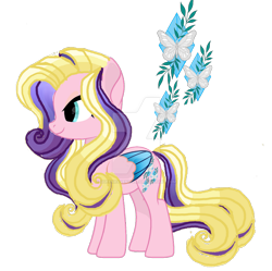 Size: 896x891 | Tagged: safe, artist:queenravenrose, oc, oc only, oc:flutter jewel, pegasus, pony, colored wings, deviantart watermark, female, folded wings, fusion, fusion:flarity, gradient wings, mare, obtrusive watermark, simple background, solo, standing, transparent background, watermark, wings