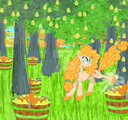 Size: 922x866 | Tagged: safe, artist:queenravenrose, pear butter, earth pony, pony, g4, deviantart watermark, food, obtrusive watermark, outdoors, pear, pear tree, solo, tree, watermark