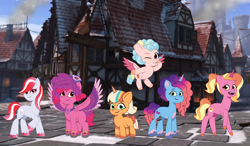 Size: 1850x1080 | Tagged: safe, artist:caseyben887, artist:prixy05, cozy glow, luster dawn, misty brightdawn, peach fizz, ruby jubilee, sugar moonlight, earth pony, pegasus, pony, unicorn, g4, g5, my little pony: tell your tale, bow, bracelet, coat markings, cozybetes, cute, female, g4 to g5, generation leap, grin, hair bow, hairpin, horn, jewelry, looking at you, lusterbetes, mare, namesake, necklace, one eye closed, outdoors, pale belly, pippsqueaks, pun, rebirth misty, shadow fight 3, sky, smiling, smiling at you, socks (coat markings), street, tail, tail bow, visual pun, wink, winking at you