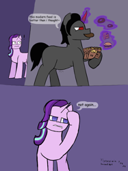 Size: 1662x2217 | Tagged: safe, artist:moss-and-fox, artist:polofastter, king sombra, starlight glimmer, pony, unicorn, g4, burger, donut, female, food, horn, magic, mare, not again, rubbing head, telekinesis, weight gain