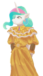 Size: 580x1016 | Tagged: safe, artist:vukkert, princess celestia, alicorn, anthro, g4, arm behind back, clothes, dress, female, mare, simple background, solo, white background