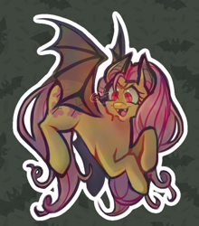 Size: 708x806 | Tagged: safe, artist:slimeysquirrels, fluttershy, bat pony, pegasus, pony, bats!, g4, :p, >:d, >:p, bat ponified, bat wings, fangs, female, flutterbat, flying, long eyelashes, long hair, long mane, long tail, mare, membranous wings, outline, patterned background, pink hair, race swap, red eyes, slit pupils, solo, tail, tongue out, watermark, wavy mane, wavy tail, white outline, wings, yellow coat