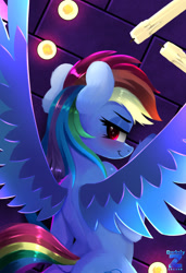 Size: 1474x2156 | Tagged: safe, artist:darksly, rainbow dash, pegasus, pony, g4, back, blushing, body pillow, body pillow design, butt, candle, commission, dock, female, indoors, looking at you, looking back, looking back at you, mare, plot, solo, spread wings, tail, wings