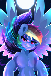 Size: 1183x1736 | Tagged: safe, artist:darksly, rainbow dash, pegasus, semi-anthro, g4, body pillow, body pillow design, chest fluff, female, human shoulders, humanoid torso, mare, moon, solo, spread wings, wings