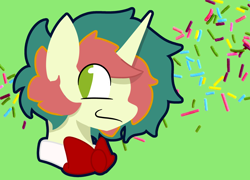 Size: 2510x1806 | Tagged: safe, artist:walt121, oc, oc only, oc:sugary cream, pony, unicorn, bowtie, bust, candy, food, horn, male, multicolored hair, necktie, portrait, smiling, solo, stallion