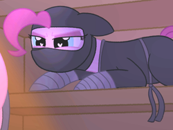 Size: 1224x918 | Tagged: safe, artist:legendoflink, edit, pinkie pie, earth pony, pony, g4, female, heart, heart eyes, indoors, mare, ninja, pinkie spy, shelf, stalker, stalking, wingding eyes