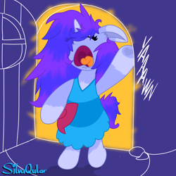 Size: 4000x4000 | Tagged: safe, artist:silvaqular, oc, oc:qular, unicorn, bipedal, bipedal leaning, blue dress, bow, chest fluff, clothes, dress, ear fluff, eyes closed, fluffy, hair bow, horn, leaning, messy hair, messy mane, messy tail, sleepy, standing, tail, yawn