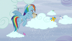 Size: 1280x720 | Tagged: safe, screencap, brolly, crescent pony, fuchsia gems, mane moon, rainbow dash, sky sweeper, tank, voltage storm, whitewash, wintermint, pegasus, pony, tortoise, g4, season 5, tanks for the memories, cloud, outdoors, sky, snow, snowfall