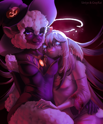 Size: 2500x3000 | Tagged: safe, artist:unt3n, oc, oc only, oc:freya weit, pony, sheep, anthro, cheek fluff, duo, duo female, ear fluff, eyelashes, female, furry, furry oc, halloween, hat, high res, holiday, looking at you, mare, sketch, witch hat