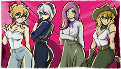 Size: 3500x2000 | Tagged: safe, artist:nolyanimeid, applejack, fluttershy, human, g4, 2b, ass, breasts, busty applejack, busty fluttershy, butt, cleavage, crossover, female, high res, humanized, jackie lynn thomas, nier: automata, star vs the forces of evil