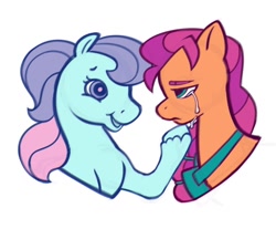 Size: 1208x1000 | Tagged: safe, artist:partyponypower, ivy, sunny starscout, earth pony, pony, g2, g5, blue coat, braid, braided ponytail, bust, colored eyebrows, colored pupils, colored sketch, comfort, crying, duo, duo female, facing each other, female, frown, hoof on chin, lidded eyes, looking at each other, looking at someone, mare, no catchlights, orange coat, pink pupils, ponytail, portrait, sad, simple background, sketch, smiling at someone, sunny sadscout, sunny's bag, tied mane, white background