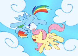 Size: 541x387 | Tagged: safe, artist:driftwoodpony, fluttershy, rainbow dash, pegasus, pony, g4, duo, duo female, eyes closed, female, flying, grin, mare, open mouth, open smile, outdoors, sky background, smiling