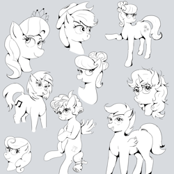 Size: 2500x2500 | Tagged: safe, artist:fdv.alekso, applejack, carrot top, cozy glow, diamond tiara, dj pon-3, golden harvest, scootaloo, suri polomare, vinyl scratch, oc, oc:noelly, earth pony, pegasus, pony, unicorn, g4, cowboy hat, dock, female, filly, flying, foal, folded wings, gray background, grayscale, hat, horn, jewelry, mare, monochrome, raised hoof, simple background, spread wings, stetson, tail, tiara, wings