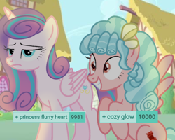 Size: 720x576 | Tagged: dead source, safe, artist:可怜的孩纸, edit, cozy glow, princess flurry heart, alicorn, pegasus, pony, derpibooru, g4, 10000, female, flurry heart is not amused, happy, mare, meta, milestone, older, older cozy glow, older flurry heart, outdoors, tags, unamused